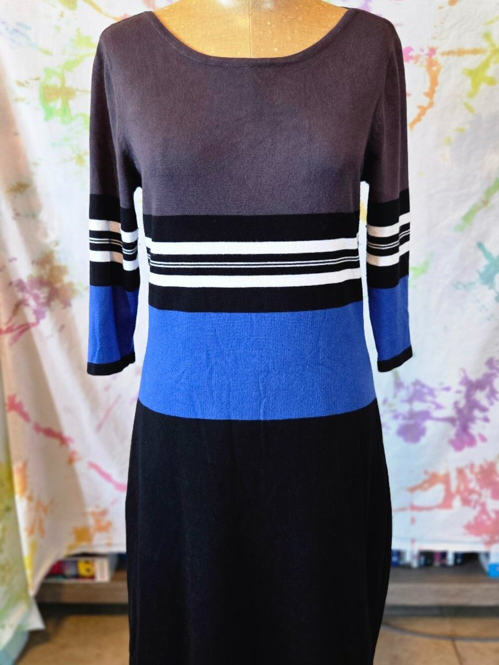 Allison Brittney Blue/Gray/Black Colorblock Striped Dress, Elbow Length Sleeves